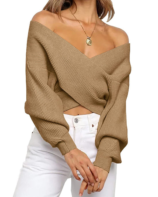 Damen eleganter cropped Pullover mit weitem V-Ausschnitt und Rippstruktur Heidi-Mode