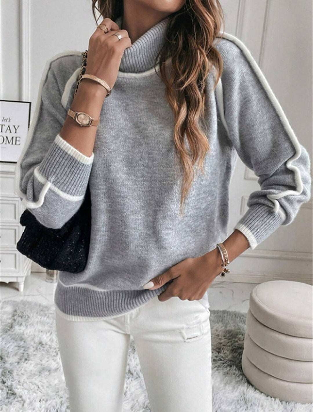Damen eleganter Rollkragenpullover mit strukturierter Strickoberfläche und farblich abgesetzten Akzenten Heidi-Mode