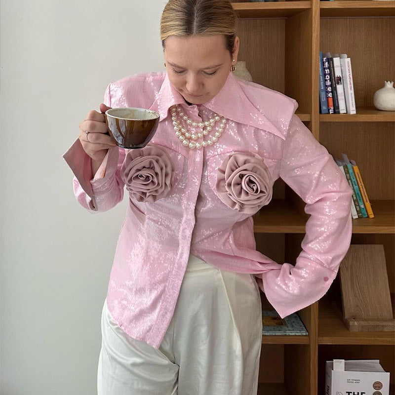 Damen Glamouröse Bluse mit 3D-Rosenapplikationen und Glitzer Heidi-Mode
