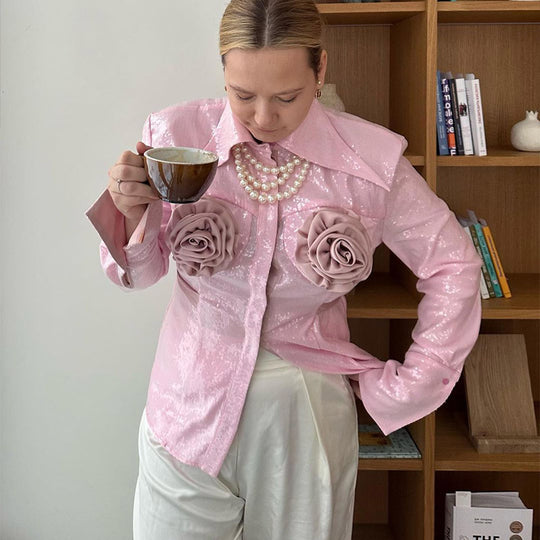 Damen Glamouröse Bluse mit 3D-Rosenapplikationen und Glitzer Heidi-Mode