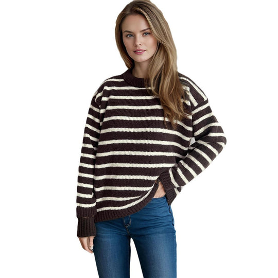 Damen lässiger Strickpullover mit breiten Streifen und lockerer Passform Heidi-Mode