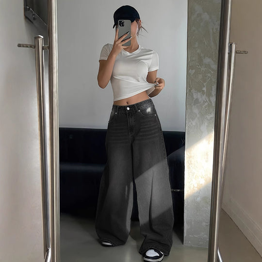 Damen Weite Denim-Hose mit hohem Bund und bequemer Passform Heidi-Mode