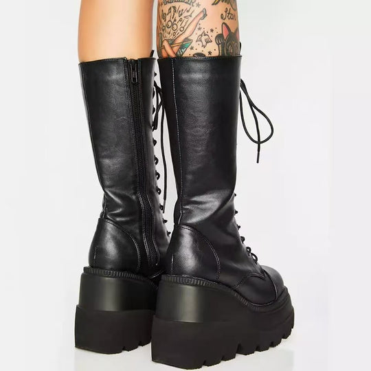 Damen Hochwertige Schnürstiefel mit Plateauabsatz und seitlichem Reißverschluss Heidi-Mode