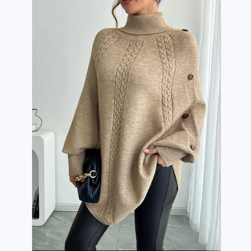 Damen Eleganter Strickponcho mit Rollkragen und Zopfmuster Heidi-Mode