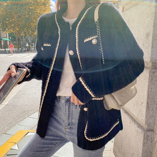 Damen modische Strickjacke mit eleganten Kontrastnähten und Knopfdetails Heidi-Mode