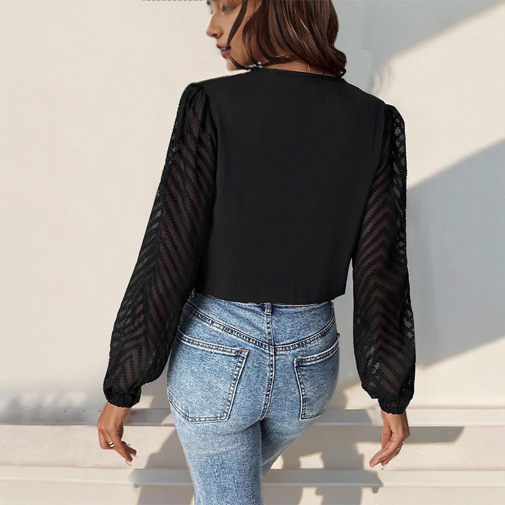 Damen elegantes Body mit voluminösen Ärmel und tiefem V-Ausschnitt Heidi-Mode