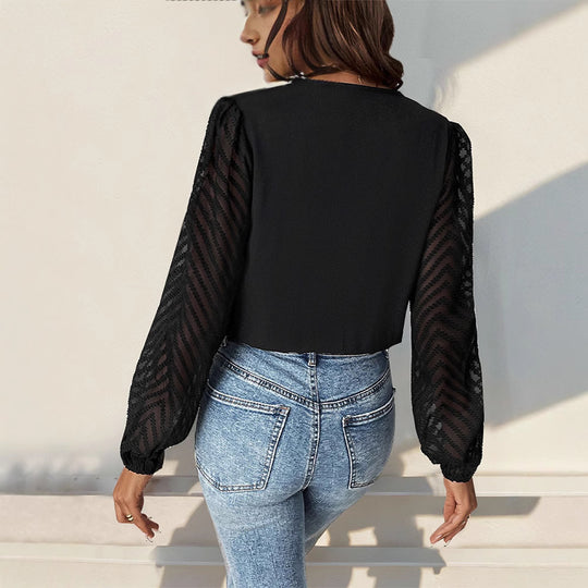 Damen elegantes Body mit voluminösen Ärmel und tiefem V-Ausschnitt Heidi-Mode