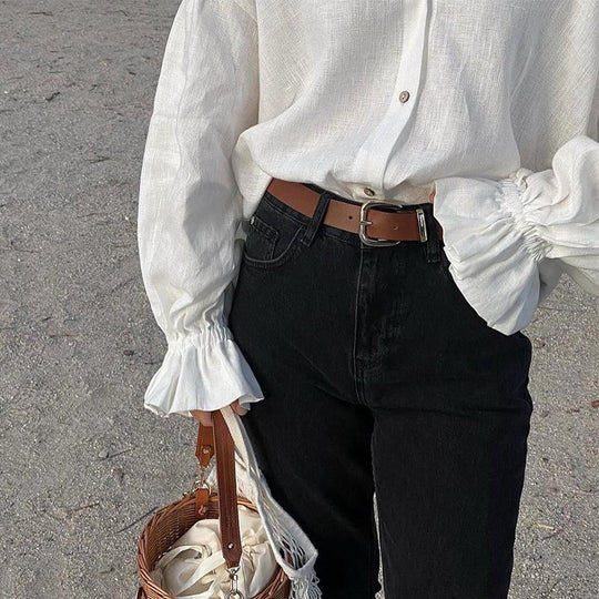 Damen lässige Leinenbluse mit ballonärmel Heidi-Mode