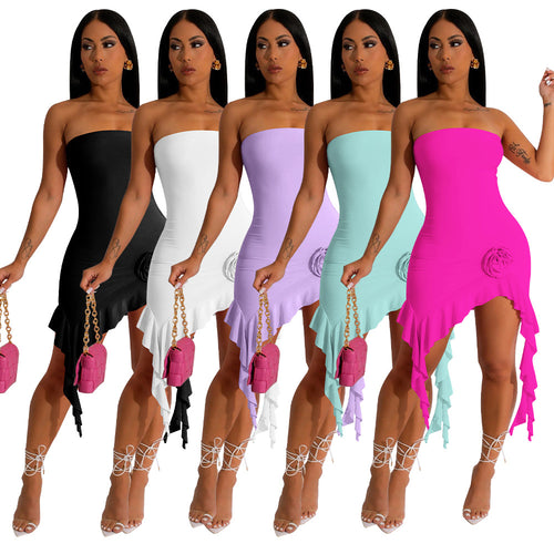 Damen Rüschen Kleid mit trägerlosem Design und asymmetrischem Saum Heidi-Mode