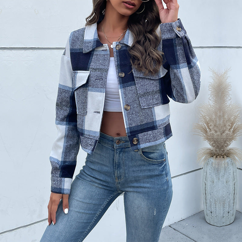 Damen Karierte Denimjacke mit Knöpfen und Brusttaschen Heidi-Mode