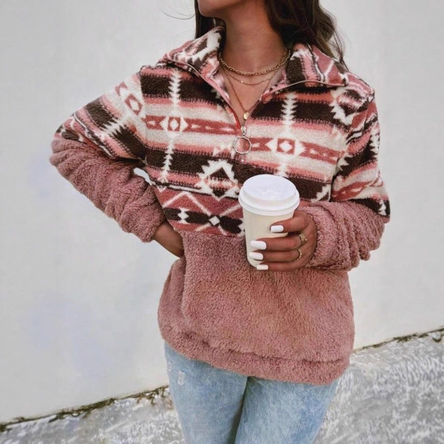 Damen Fleece-Pullover mit modernem Aztekenmuster und Stehkragen Heidi-Mode