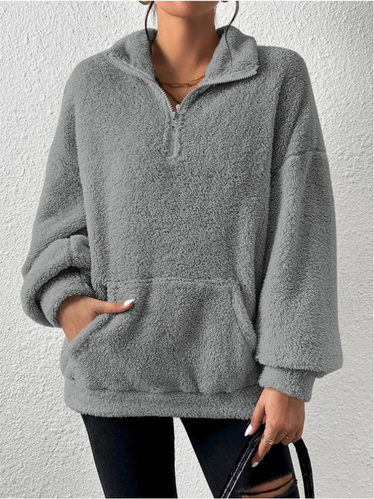 Damen Kuscheliger Fleece-Pullover mit Stehkragen und Eingrifftaschen Heidi-Mode