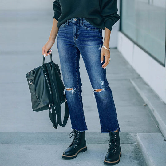 Damen Mom-Jeans im lässigen Used-Look mit modischen Rissen Heidi-Mode
