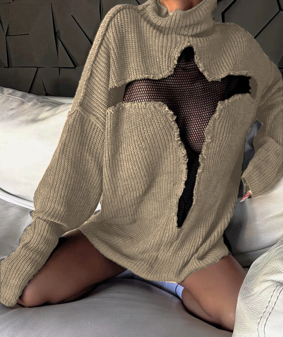 Damen Oversized Strickpullover mit aufregendem Mesh-Einsatz und unkonventionellem Design Heidi-Mode