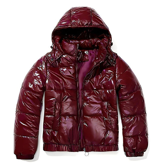 Damen Hochglänzende Steppjacke mit abnehmbarer Kapuze Heidi-Mode