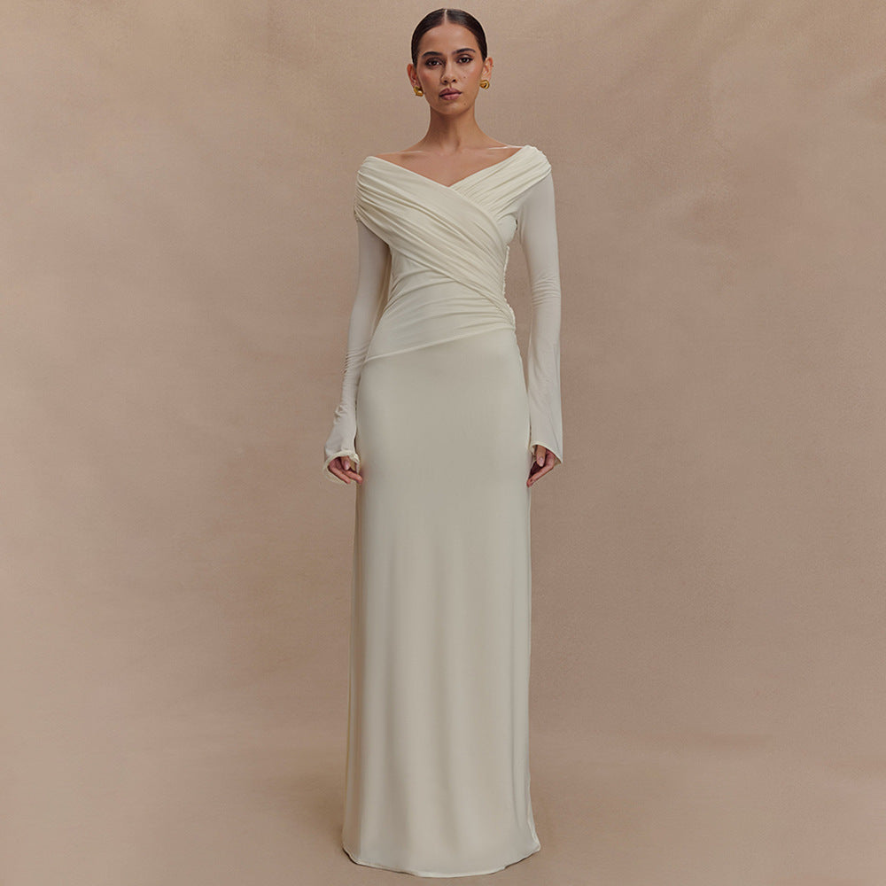 Damen elegantes Maxikleid mit off-shoulder Design und Wickeldetails Heidi-Mode