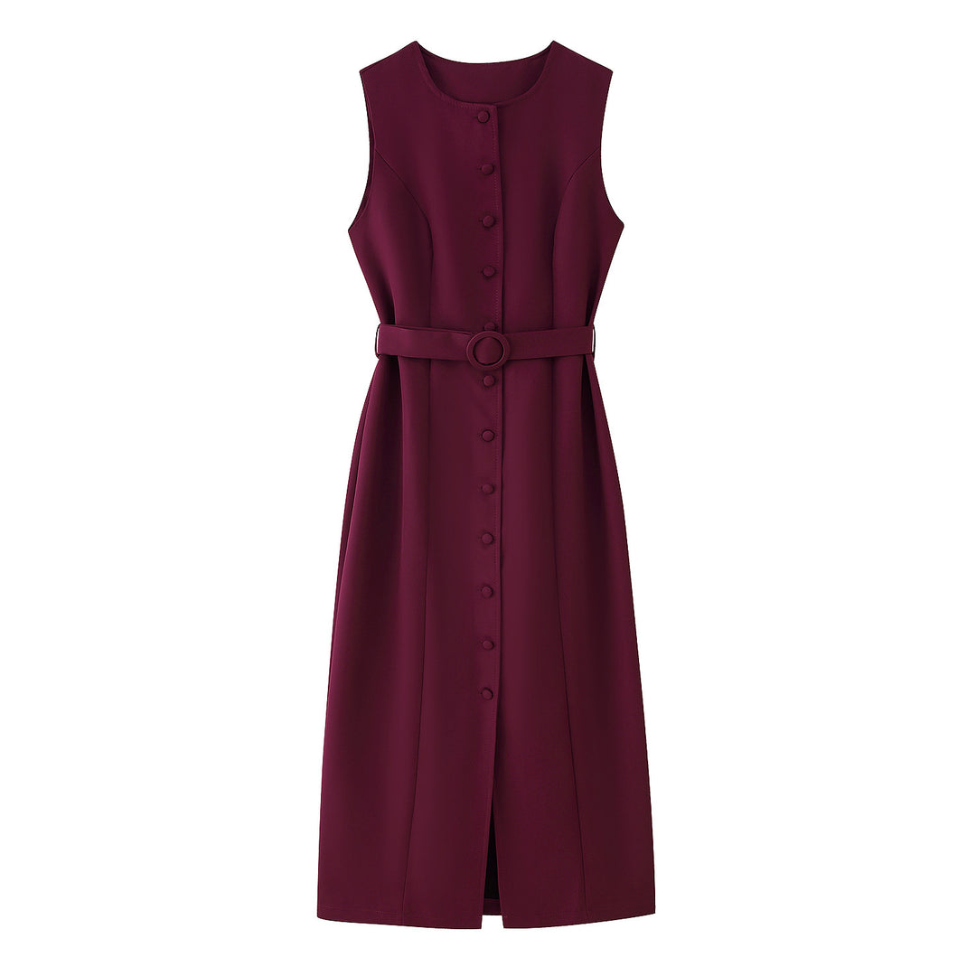 Damen ärmelloses Wickelkleid mit Knopfverschluss und Taillengürtel Heidi-Mode