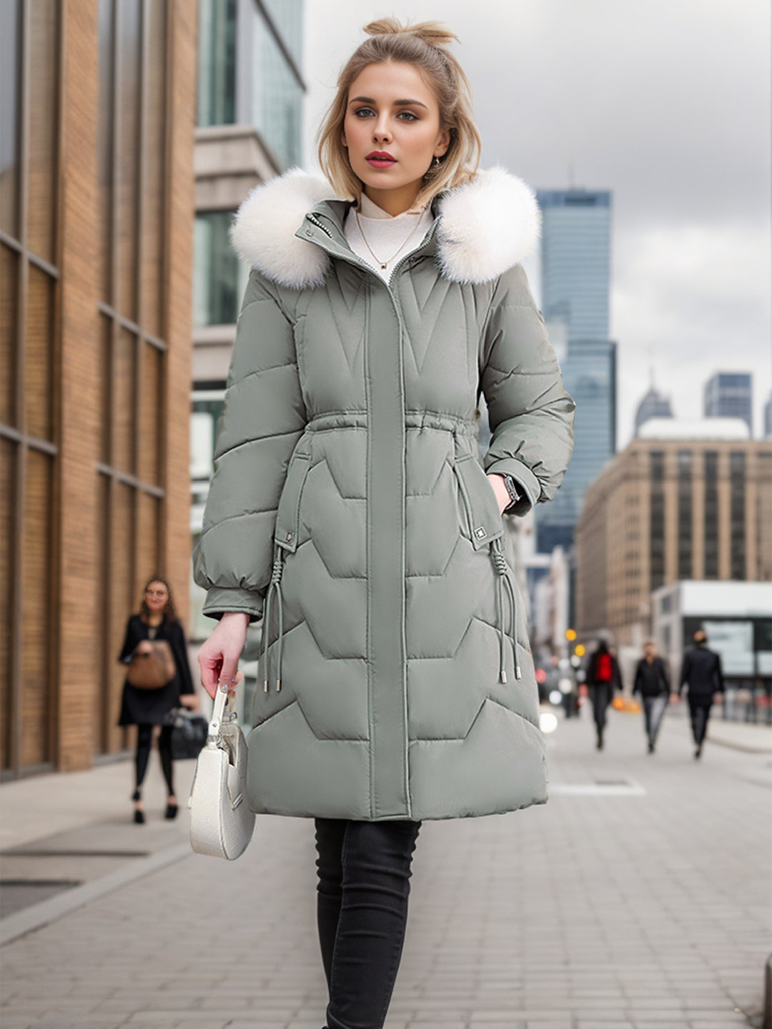 Damen eleganter und isolierter Wintermantel mit abnehmbarem Kunstfellkragen Heidi-Mode