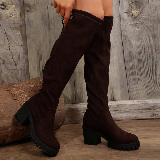 Damen Überknee-Stiefel mit modischem Leopardenmuster und robustem Blockabsatz Heidi-Mode