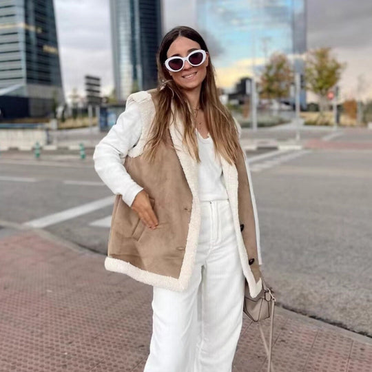 Damen warme Fleece-Weste mit klassischem Kragen und praktischen Taschen Heidi-Mode