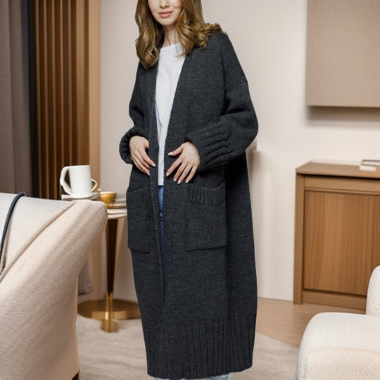 Damen bequemer langer Strickcardigan mit Taschen und breiten Ärmeln Heidi-Mode