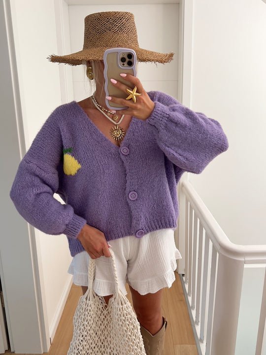 Damen Strickjacke mit fröhlichem Zitronenmotiv und Oversized-Schnitt Heidi-Mode