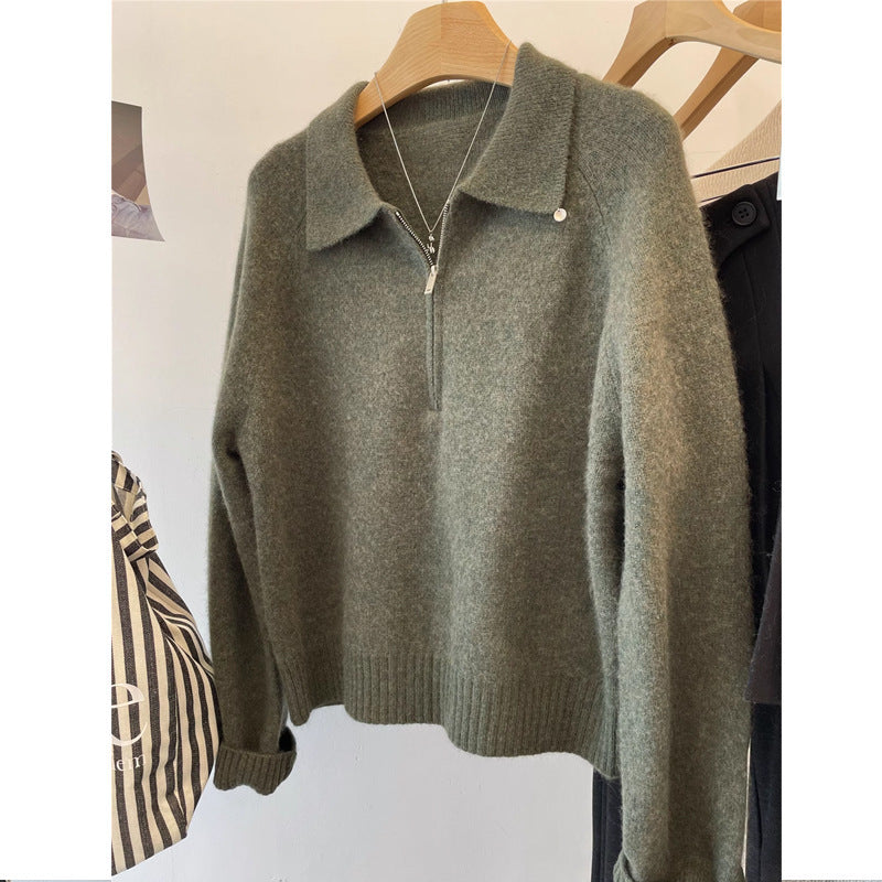 Damen Kuscheliger Pullover mit Stehkragen und kurzem Reißverschluss Heidi-Mode
