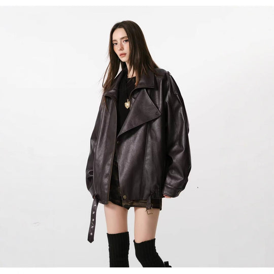 Damen Kunstlederjacke mit hohem Kragen und lässigem Schnitt Heidi-Mode