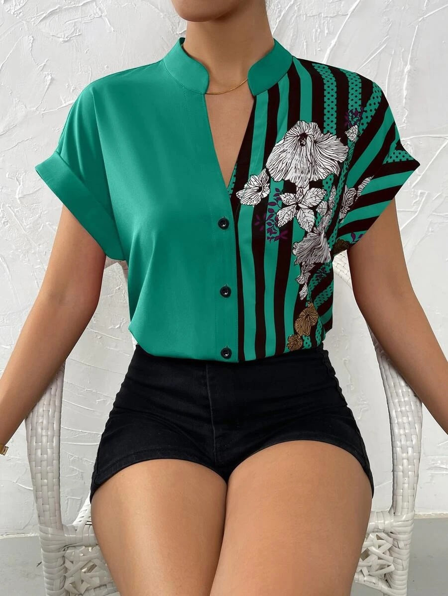 Damen Elegante Bluse mit floralem Druck und gestreiftem Design Heidi-Mode