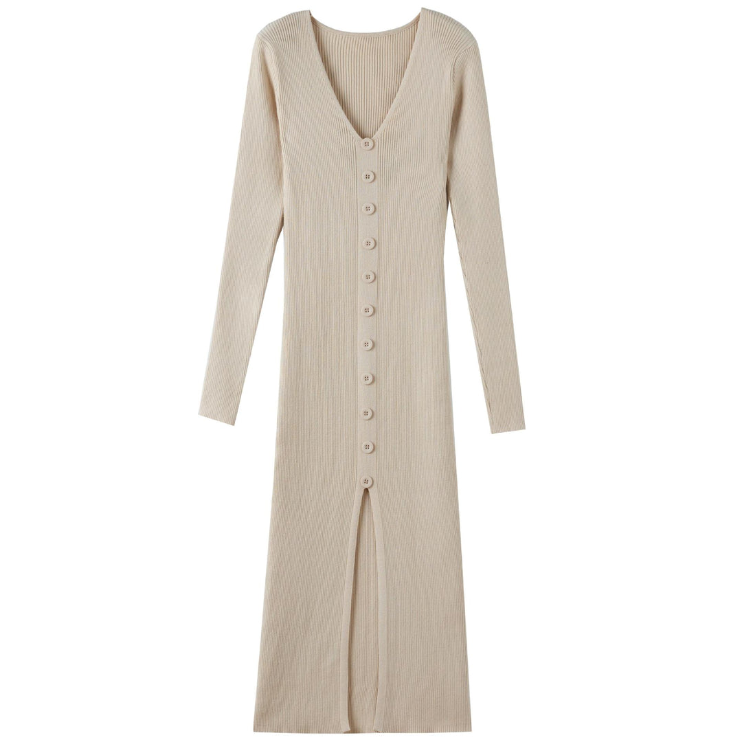Damen Langes Strickkleid mit V-Ausschnitt und durchgehender Knopfleiste Heidi-Mode