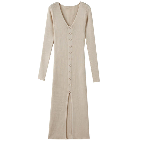 Damen Langes Strickkleid mit V-Ausschnitt und durchgehender Knopfleiste Heidi-Mode