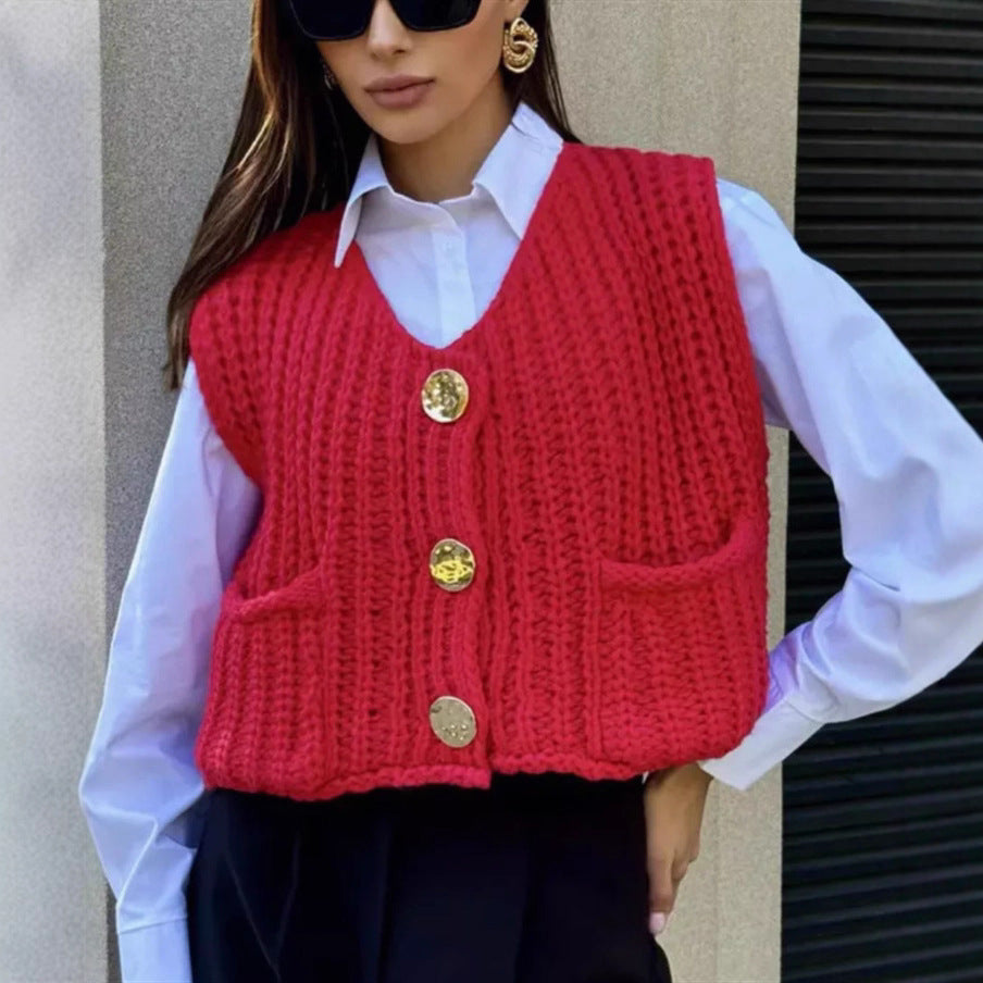 Damen Strickweste mit goldenen Knöpfen und Taschen Heidi-Mode