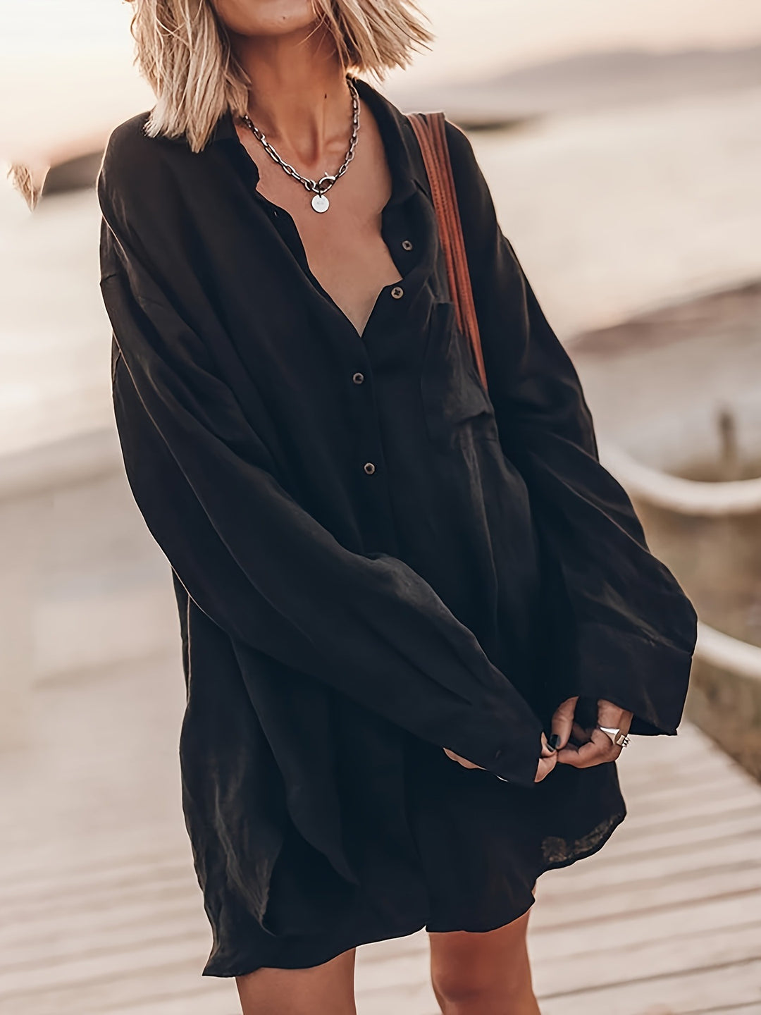 Damen lässige Oversized-Bluse aus Leinen Heidi-Mode