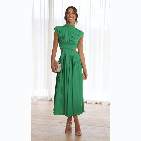 Heidi-Mode | Sweet Street Sommer Stehkragen Einfarbig Gekürztes Outfit Maxi Kleid