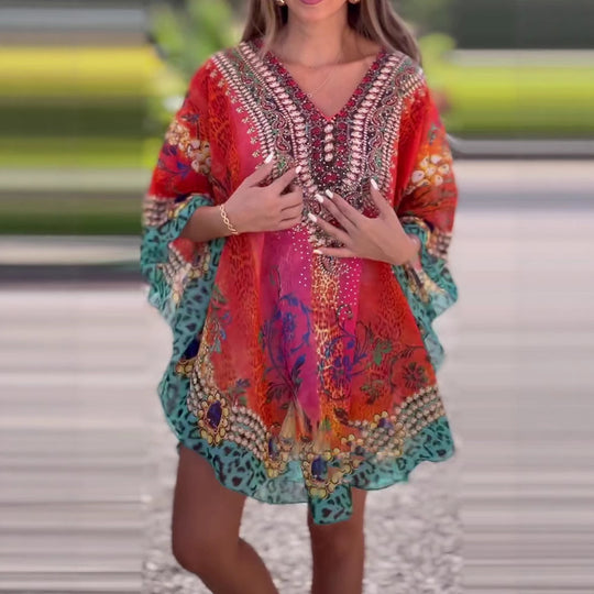 Damen Kaftan mit elegantem V-Ausschnitt und funkelndem Print Heidi-Mode