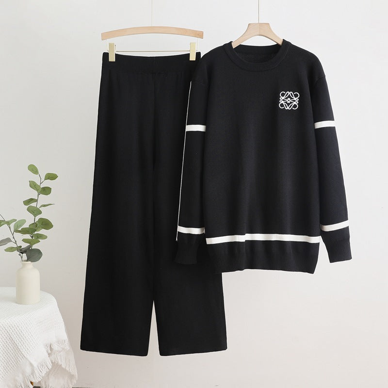 Damen modisches Freizeit-Loungewear-Set mit breiten Beinen und dezentem Logo Heidi-Mode