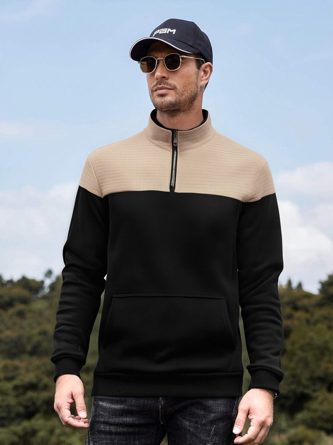 Herren funktionale Sweatjacke mit hochschließendem Kragen und praktischer Kängurutasche Heidi-Mode