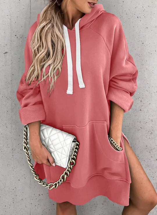 Damen lässiges Kapuzenkleid mit praktischen Eingrifftaschen und seitlichen Schlitzen Heidi-Mode