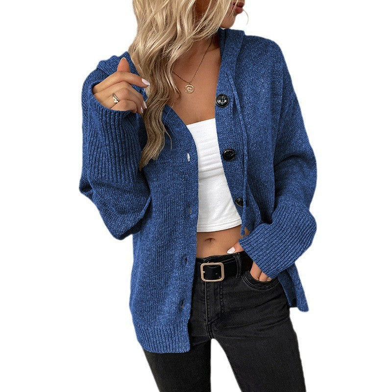 Damen lässige Strickjacke mit Kapuze und Knopfverschluss Heidi-Mode