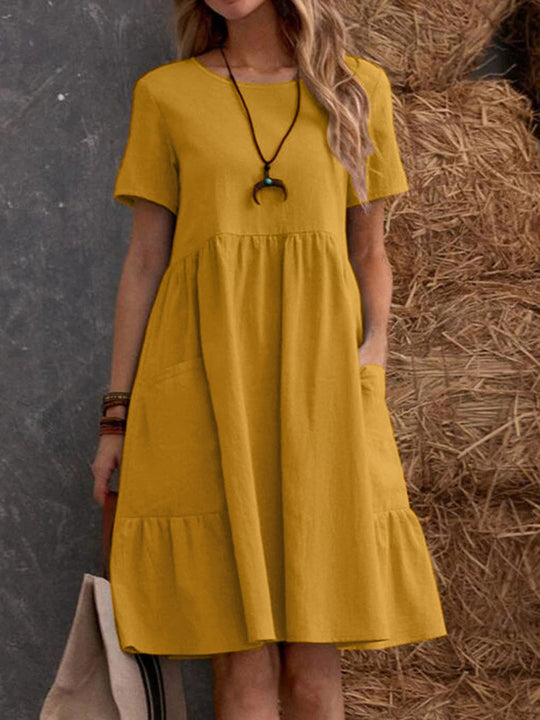 Heidi Mode | Lose Tasche einfarbig Rundhalsausschnitt Kleid