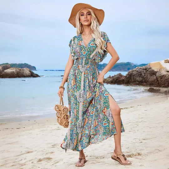 Damen Maxikleid mit verspieltem Mustermix und Rüschendetails Heidi-Mode