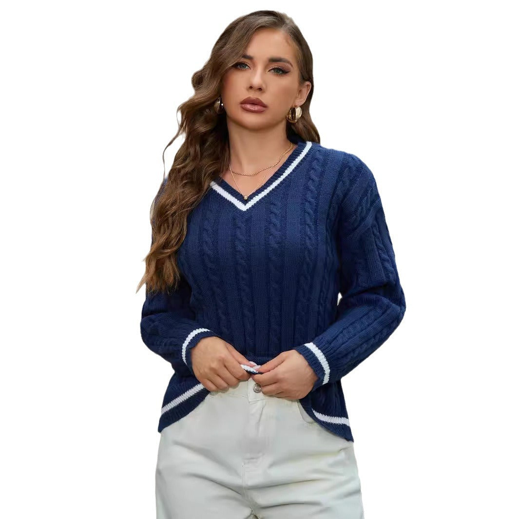 Damen Strickpullover mit V-Ausschnitt und klassischem Zopfdesign Heidi-Mode