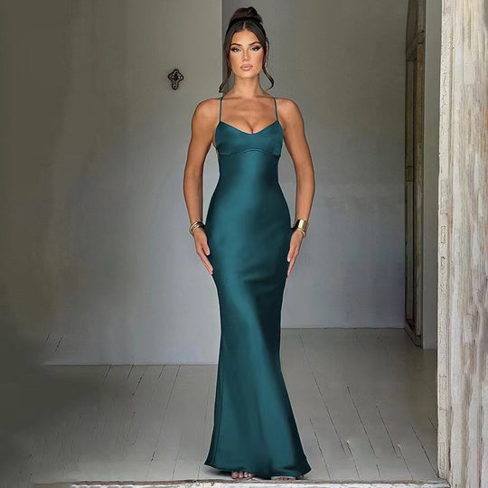 Damen Glamouröses Langarm-Maxi-Kleid mit verstellbaren Trägern und figurbetontem Schnitt Heidi-Mode