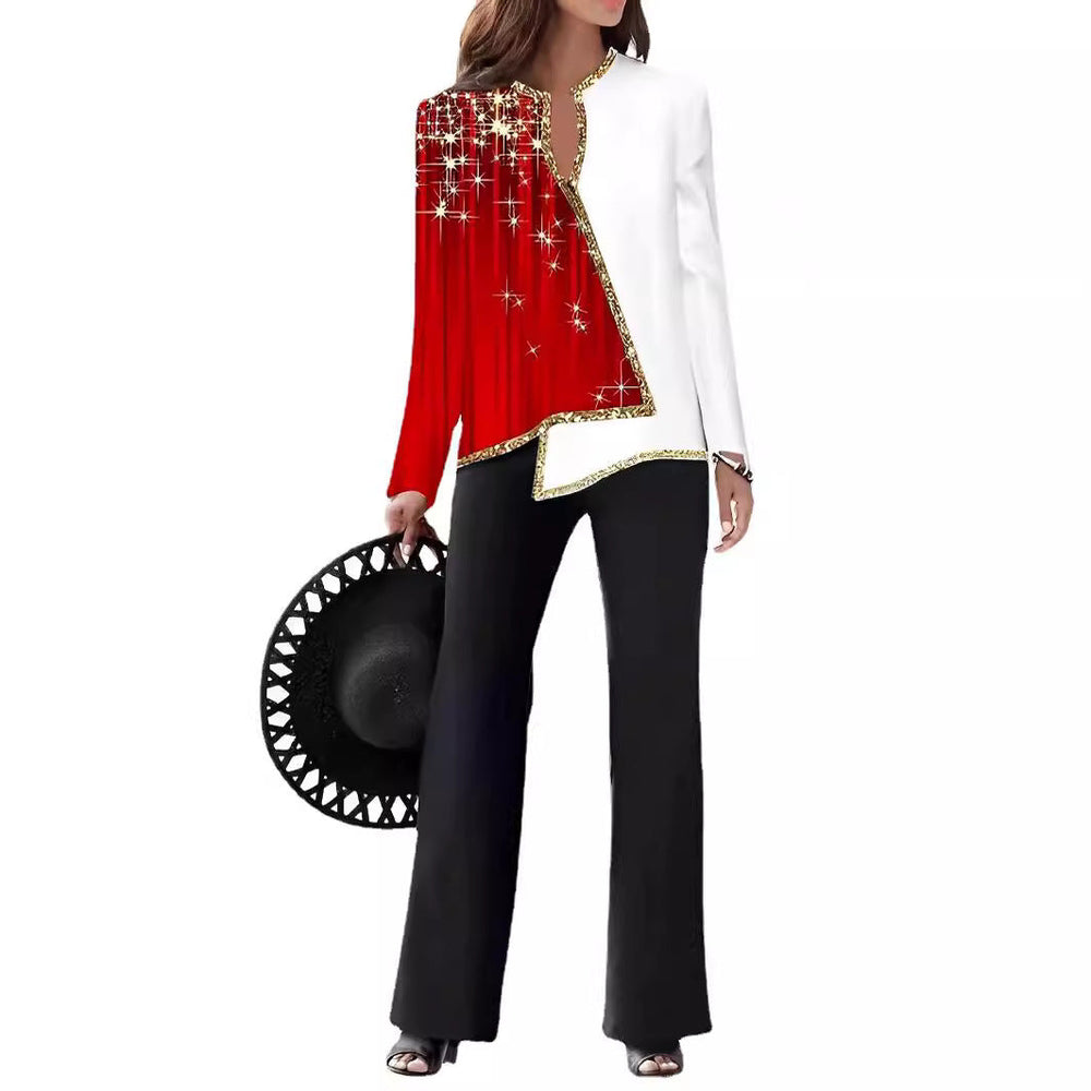 Heidi-Mode | 3D Digitaldruck V-Ausschnitt asymmetrisches Shirt- und Hosen-Set