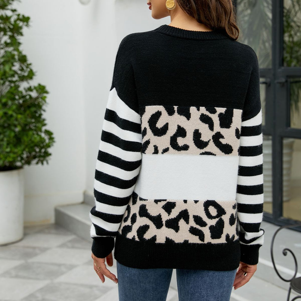 Damen modischer Pullover mit auffälligem Leopardenmuster und gestreiften Ärmeln Heidi-Mode