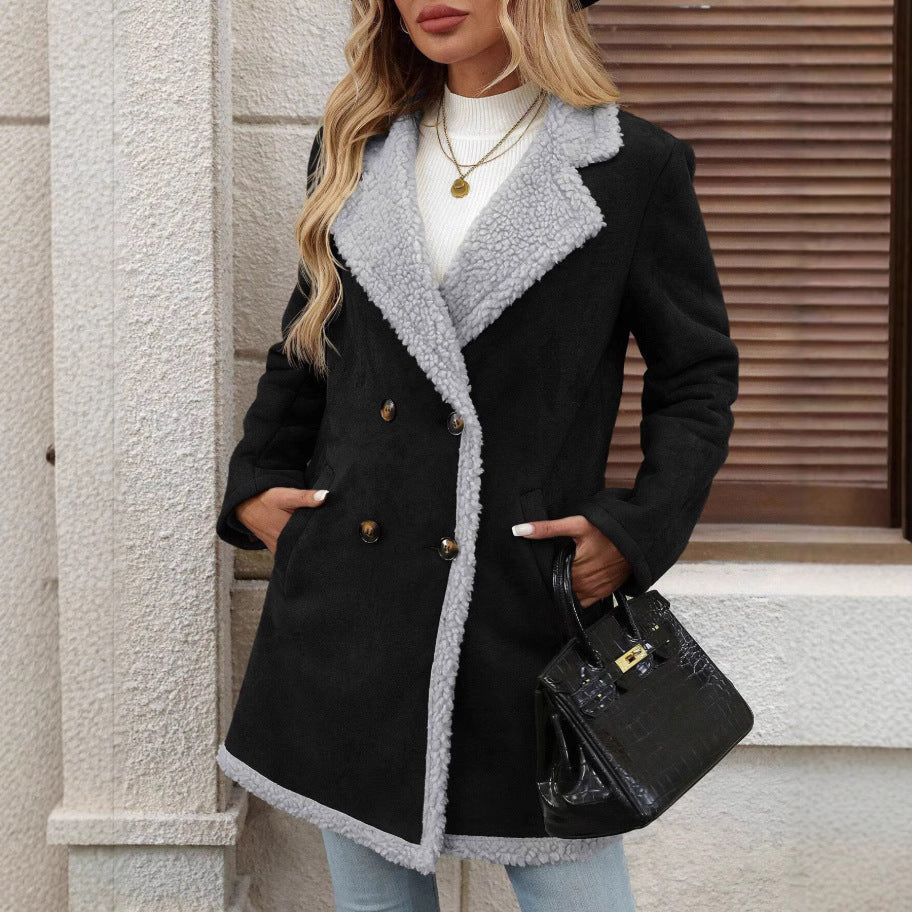 Damen Modische Oversized-Jacke mit Teddyfutter und doppelter Knopfleiste Heidi-Mode