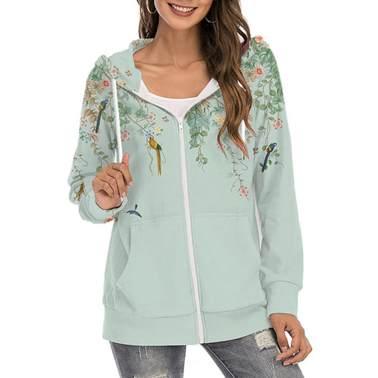 Heidi-Mode | Mode Floral Print Langarm Zip Auf Kapuzenpullover Sweatshirt