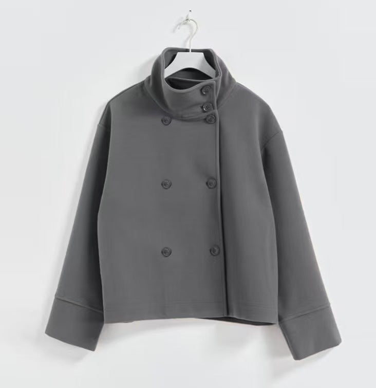 Damen Modische Cropped Jacke mit hohem Kragen und doppelter Knopfleiste Heidi-Mode