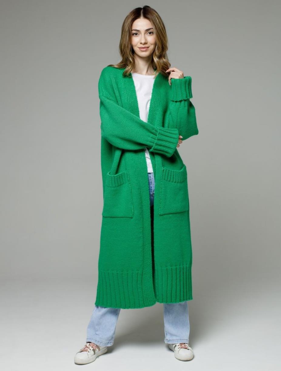 Damen bequemer langer Strickcardigan mit Taschen und breiten Ärmeln Heidi-Mode