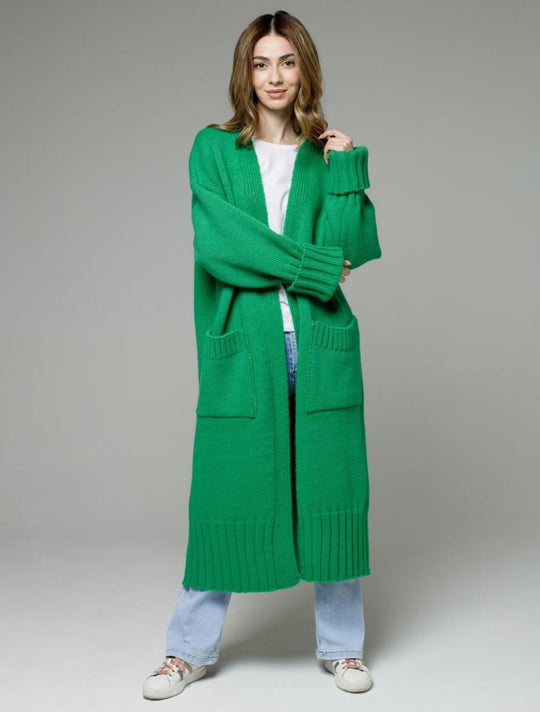 Damen bequemer langer Strickcardigan mit Taschen und breiten Ärmeln Heidi-Mode